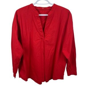S. Oliver M Cherry Red Crisp Cotton Long Sleeve V-Neck Popover Blouse Tunic Top